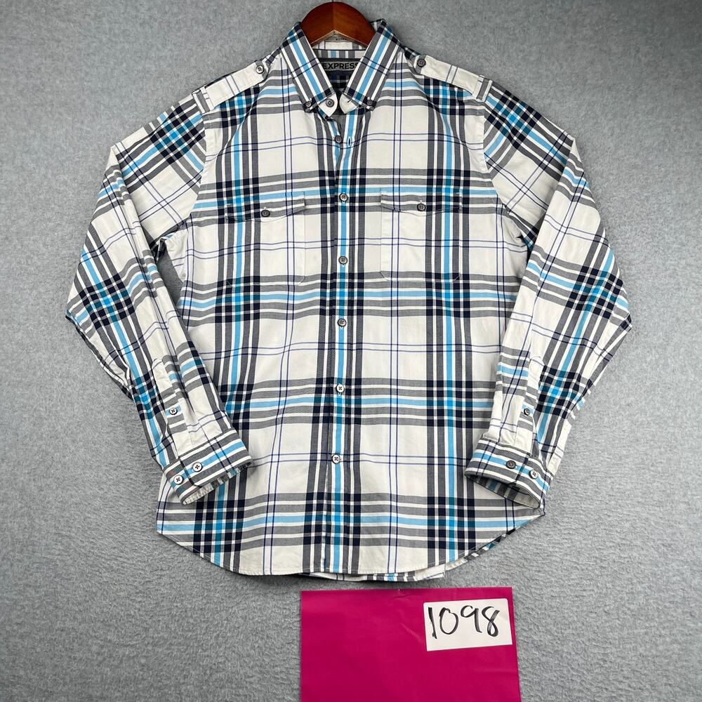 Express Fitted Shirt Button Up Long Sleeve Mens Medium White Blue Preppy